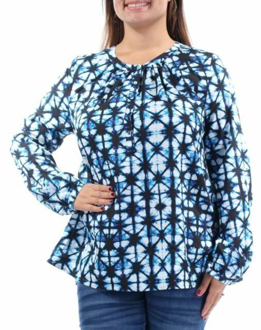 Tommy Hilfiger Blue & Black Tie Dye Popover Long Sleeve Lightweight Blouse